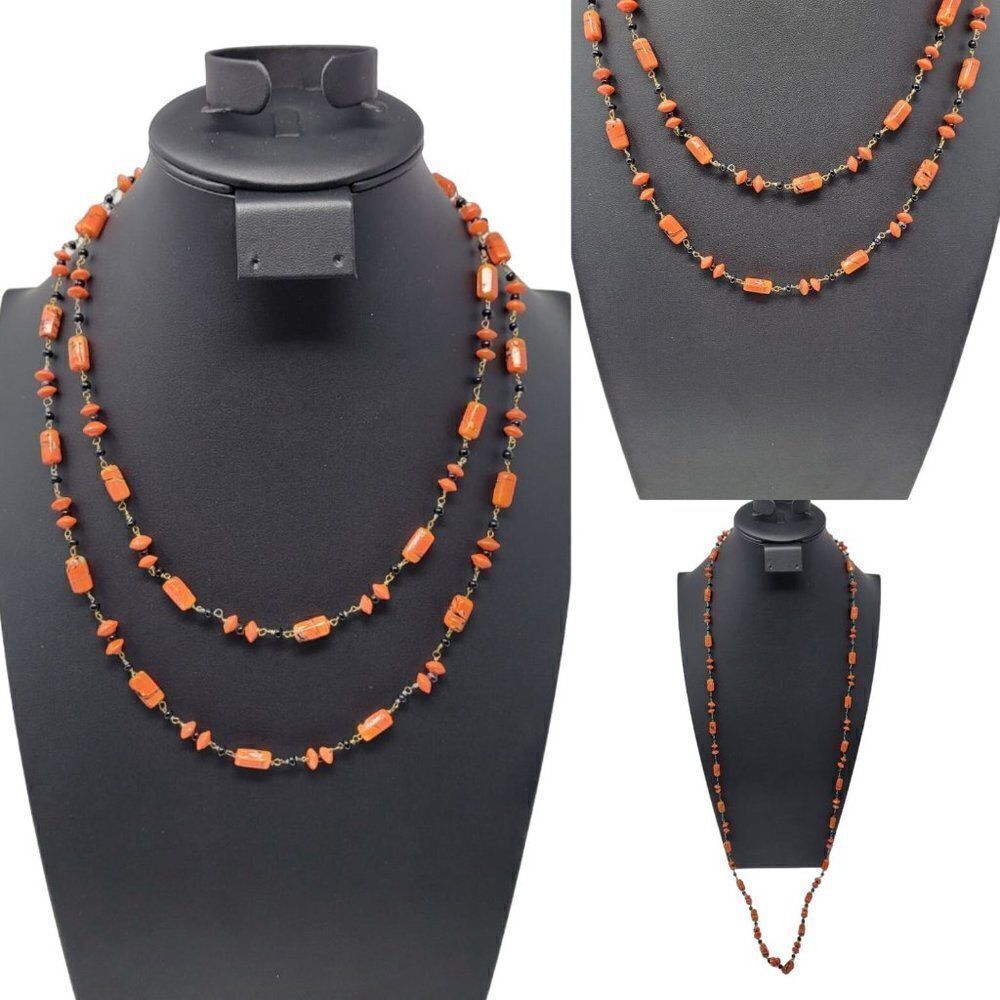Vintage 30's Art Deco‎ Orange Black Art Glass Chain Linked Flapper Necklace